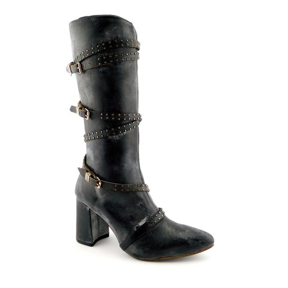 Unworn FREEBIRD Waxed Black Stud Detail Strap Buckle Block Heel Boots 8